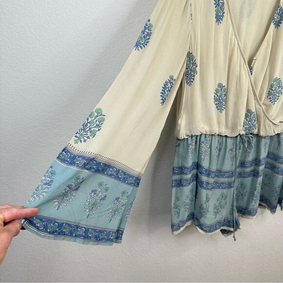 FREE PEOPLE Boho Printed Natural Long Sleeve Janpath Romper Shorts  Women’s Sz M - Picture 7 of 16